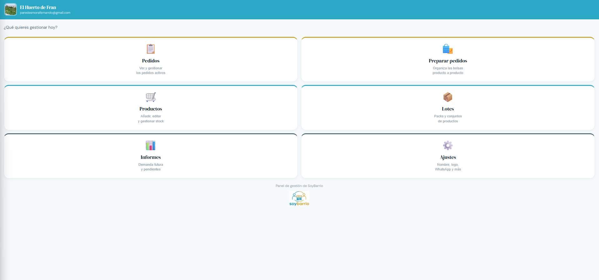 Panel de El Huerto de Fran para gestionar pedidos, productos, lotes, informes y ajustes
