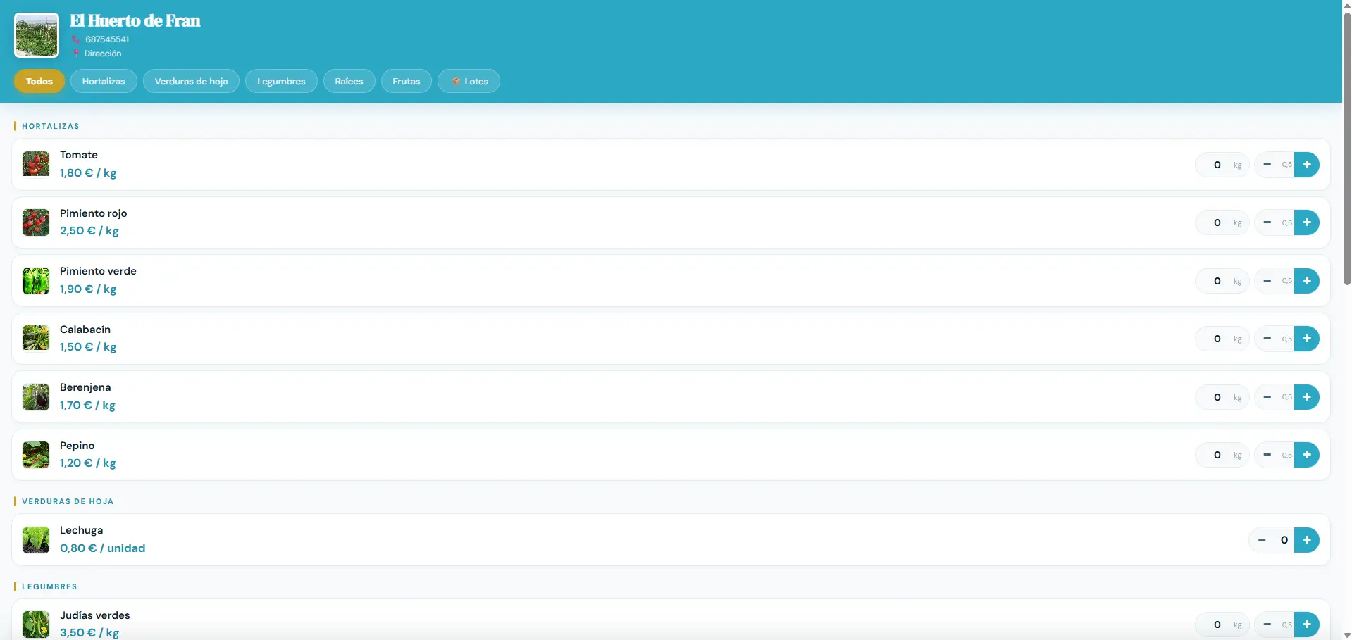 Catálogo online de El Huerto de Fran con productos frescos organizados por categorías