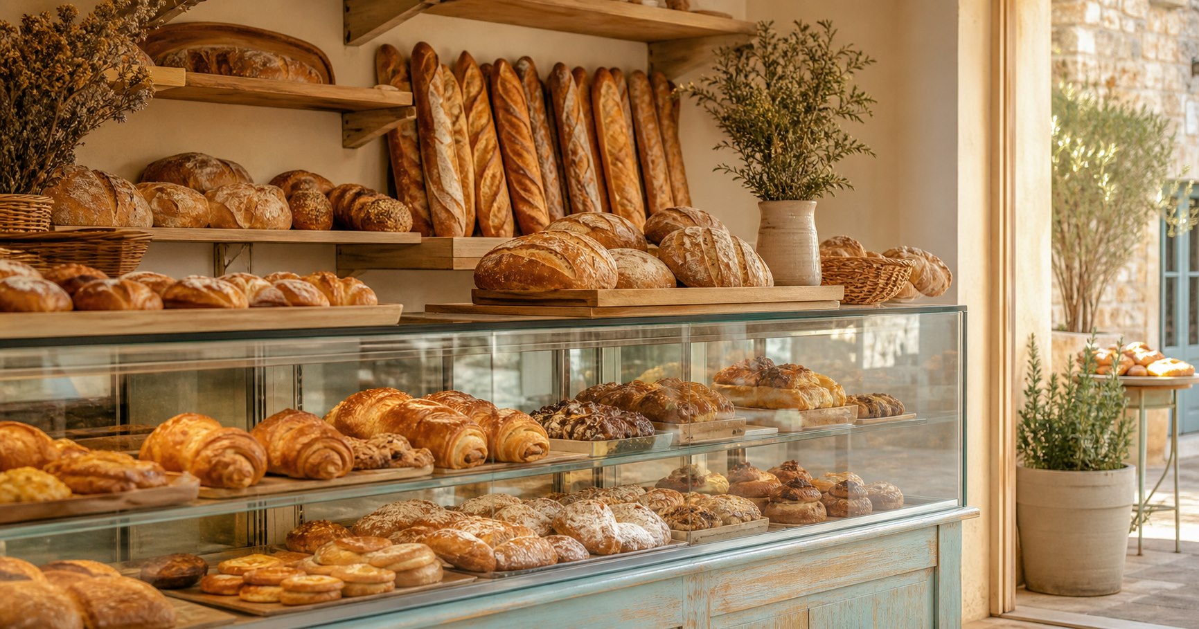 Mostrador de una panadería local con panes y productos de bollería