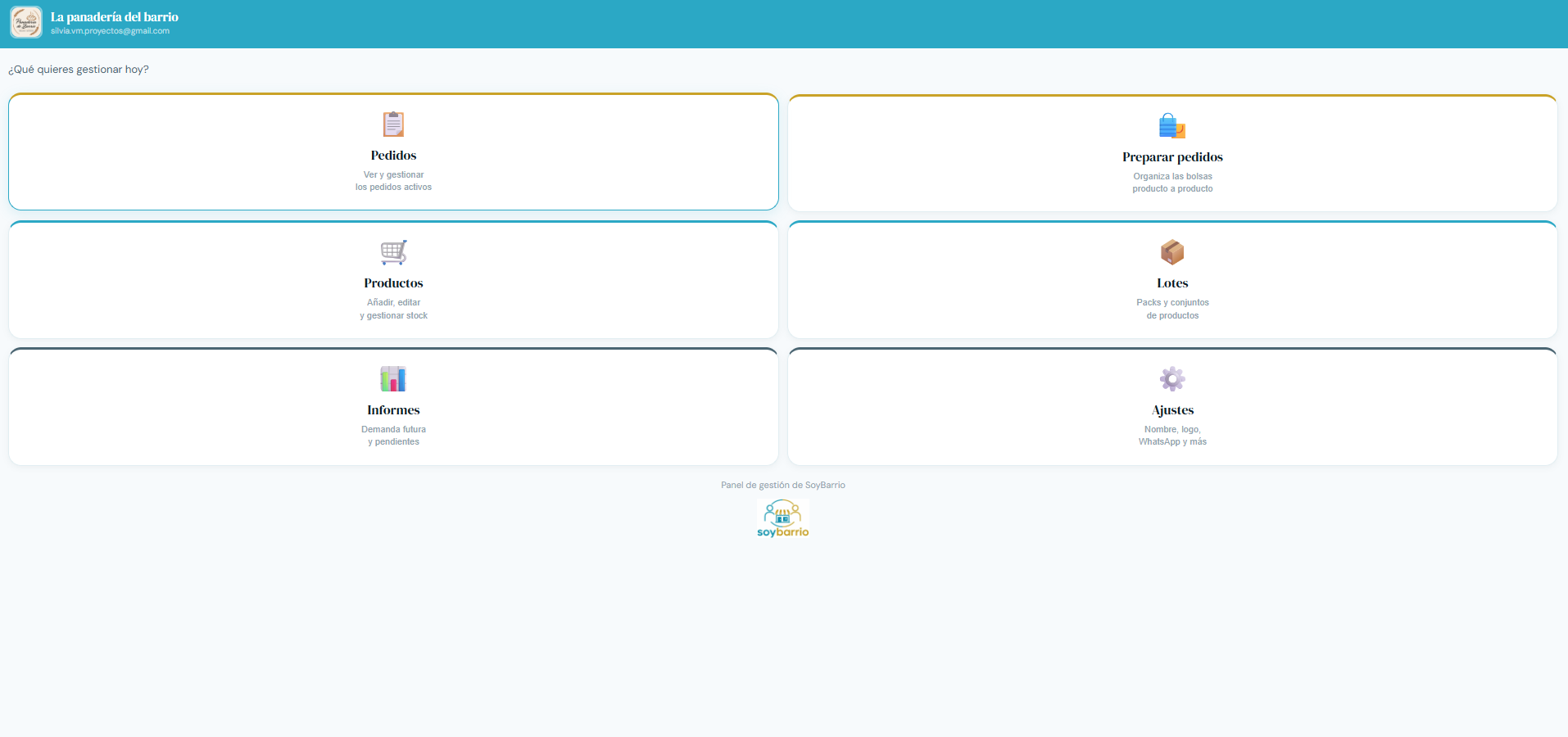 Panel de gestión — Tu panel de gestión: pedidos, productos, lotes e informes, todo en un mismo sitio.